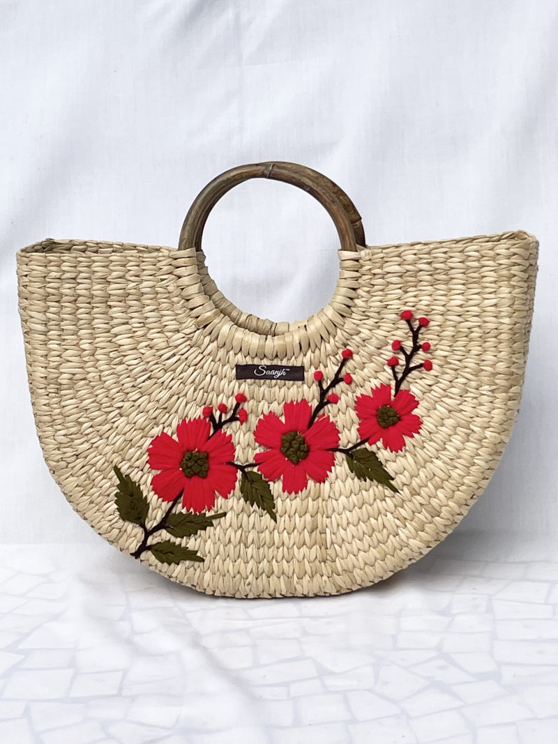 Saanjh Pink Kauna Handwoven Floral Embroidered Handbag